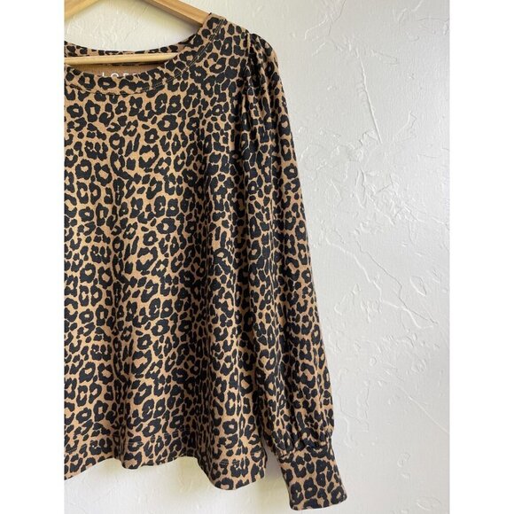 LOFT Size Medium Leopard Animal Print Black Tan Jersey Sweatshirt Puff Sleeve 10 - Picture 8 of 12